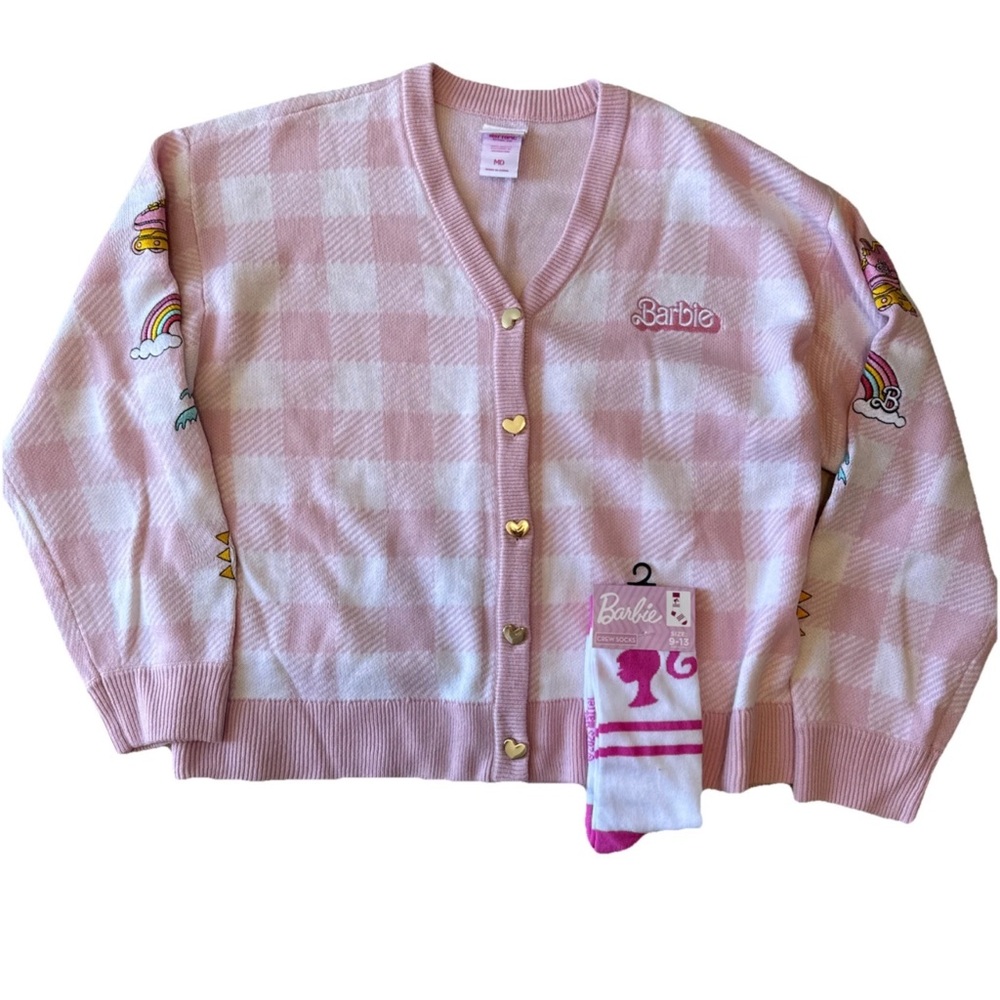 Barbie Pink Checker Knit Cardigan size m